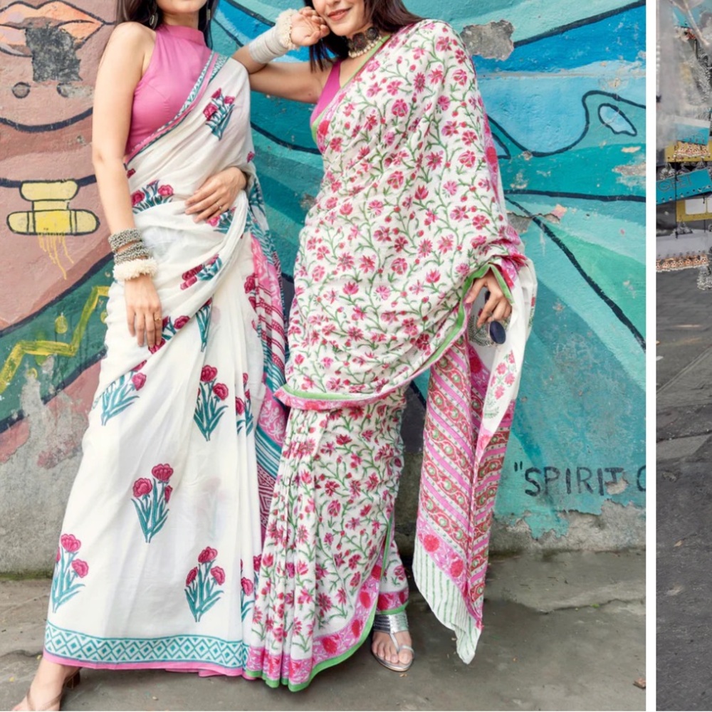 Floral Print Fabric with Pink and Green Accents New block Print cotton Saree - Picture 2 of 15
